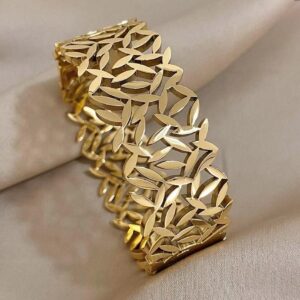 Detailed stainless steel leaf cuff bangle openable and anti-tarnish Nur-e-Niqab